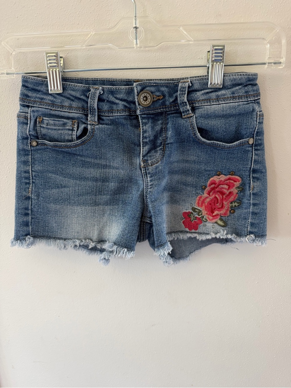 Girls Blue Denim Shorts with Pink Floral Embroidery